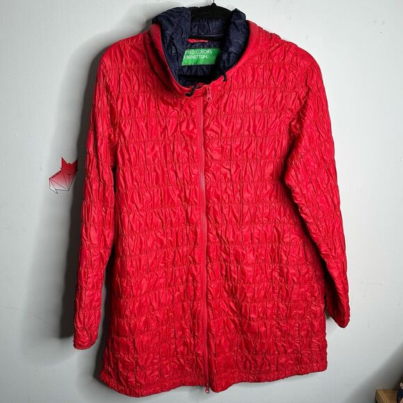 Benetton Women's Giaccone Zip Quilted Hooded Jacket Anorak - Cherry Red - Size L - Picture 1 of 7